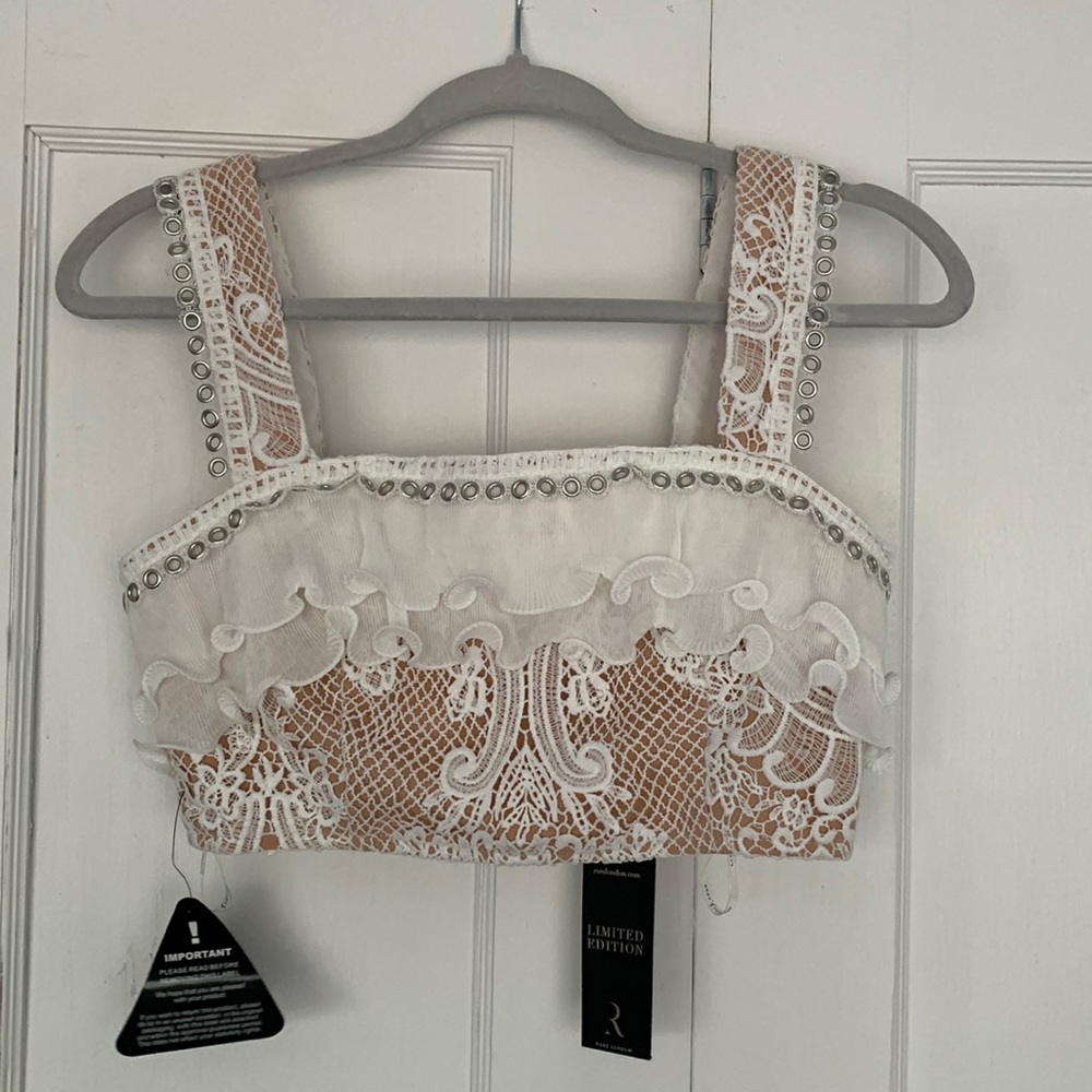 Rare London Lace Ruffle Crop Top with Hardware Detail